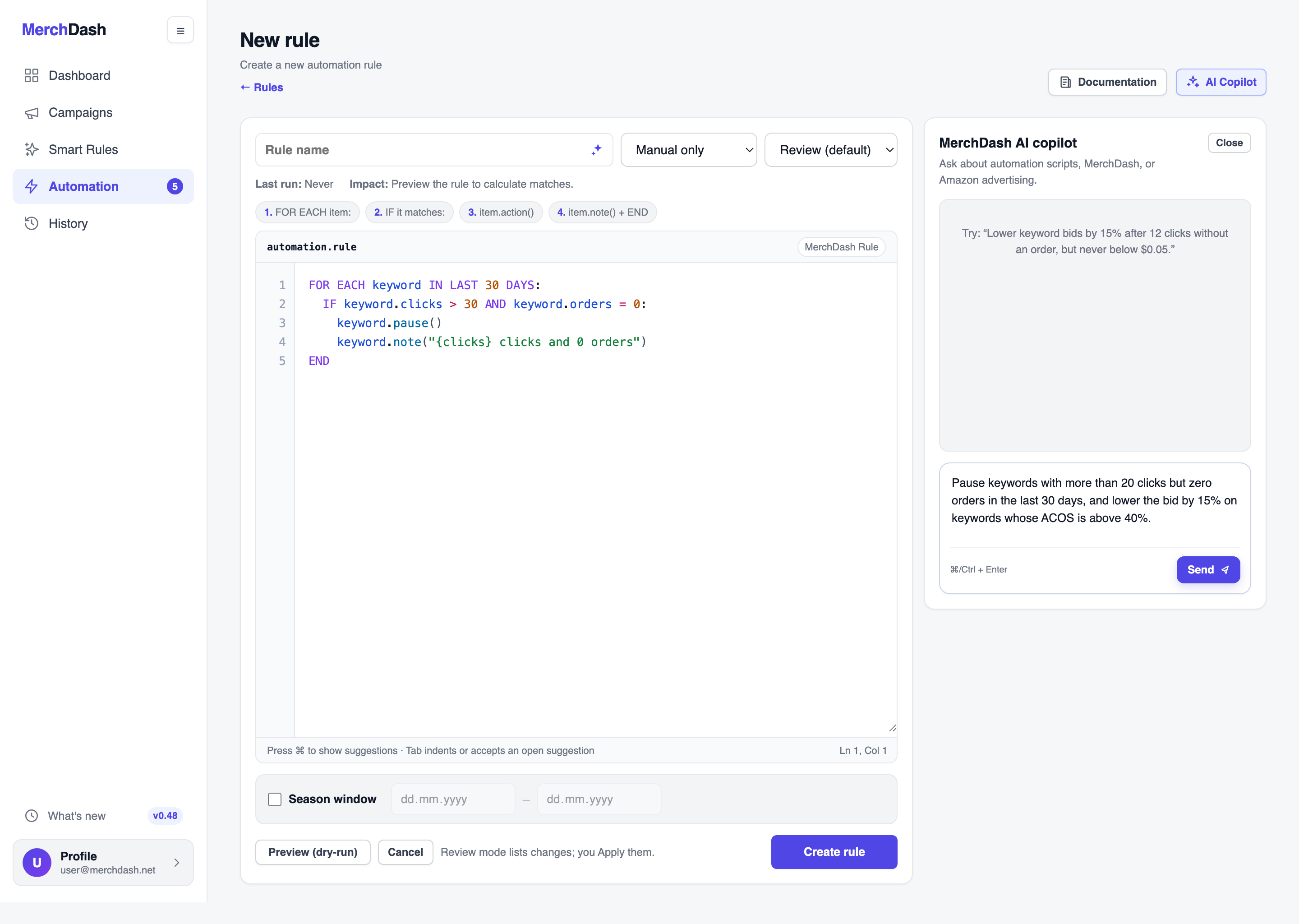 The AI Copilot panel open beside the editor with a typed request: pause keywords with more than 20 clicks but zero orders in the last 30 days, and lower the bid by 15% on keywords whose ACOS is above 40%.