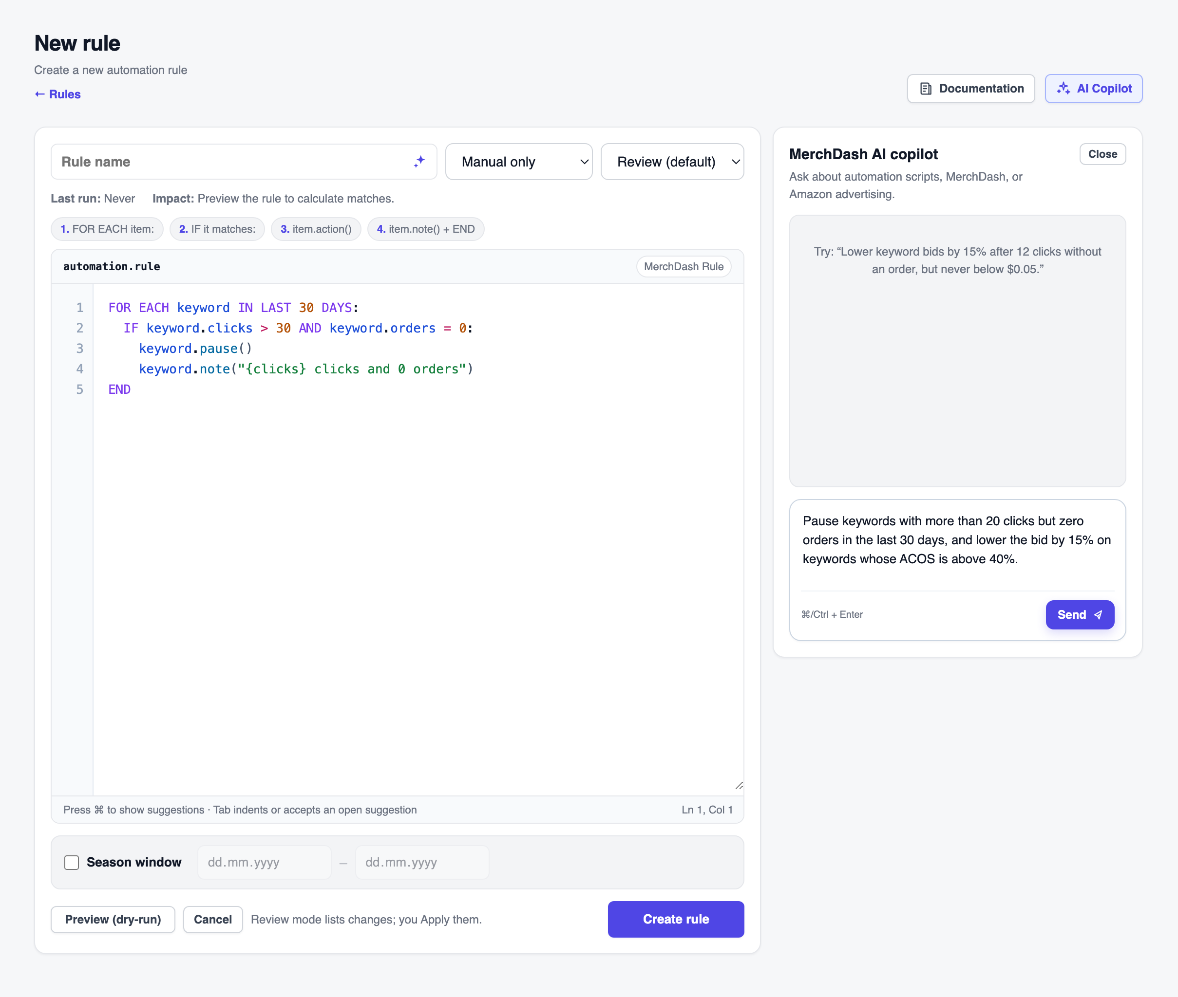 The AI Copilot panel open beside the editor with a typed request: pause keywords with more than 20 clicks but zero orders in the last 30 days, and lower the bid by 15% on keywords whose ACOS is above 40%.
