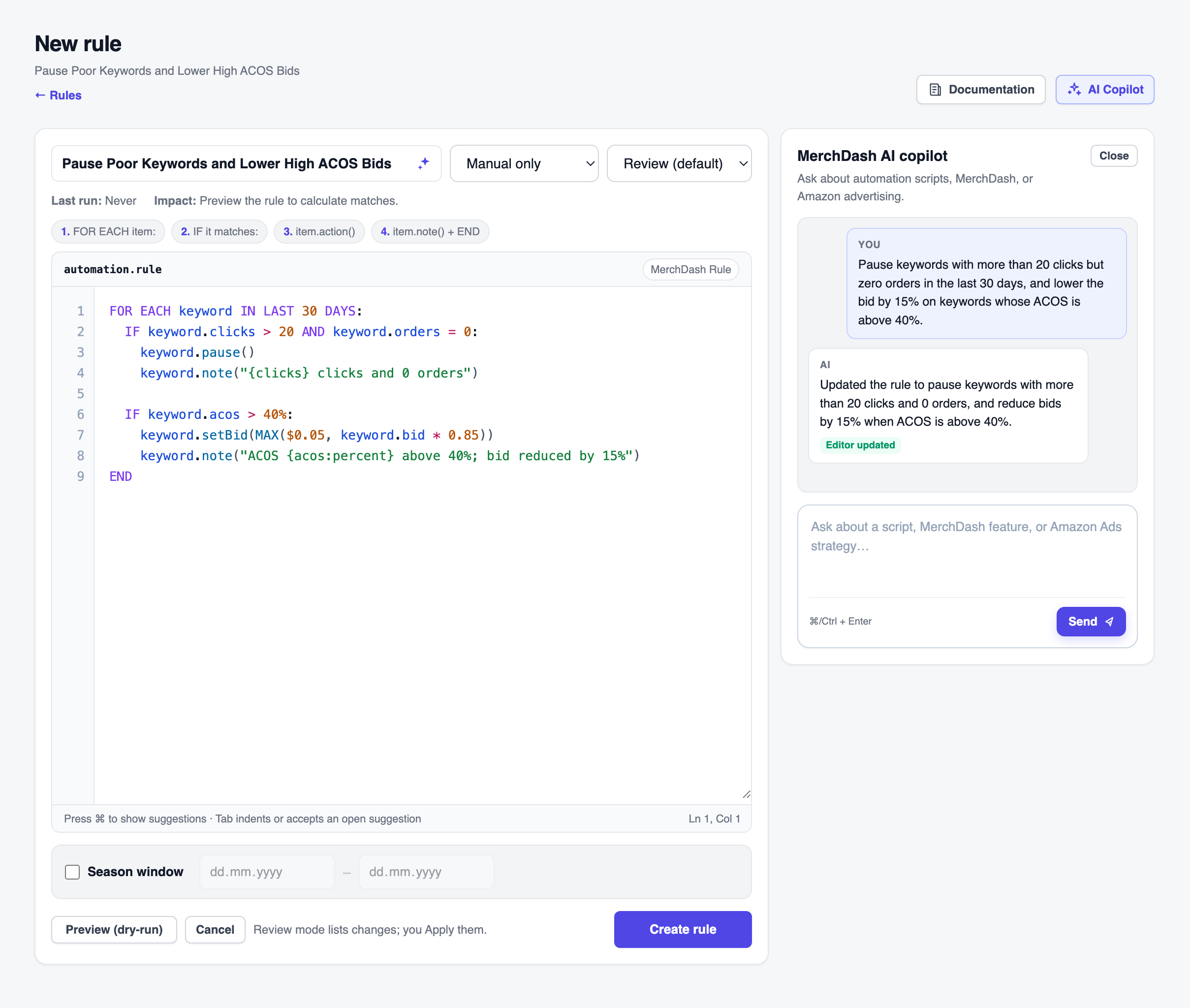 The copilot has generated a complete, highlighted rule in the editor and named it Pause Poor Keywords and Lower High ACOS Bids, with an Editor updated confirmation in the chat.