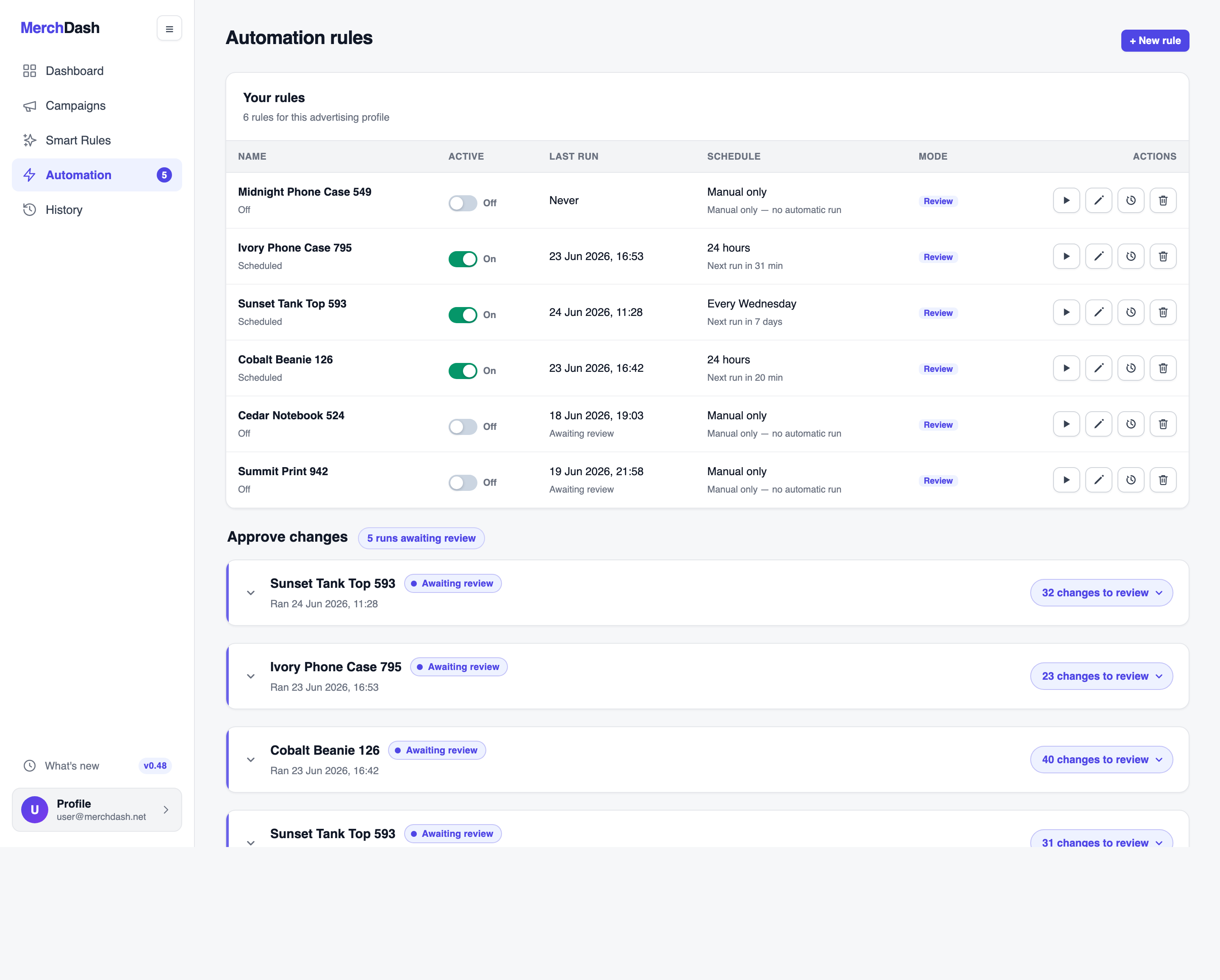 Automation page: a list of rules with active toggles, last run, schedule, and mode, plus an Approve changes section listing completed runs awaiting review.