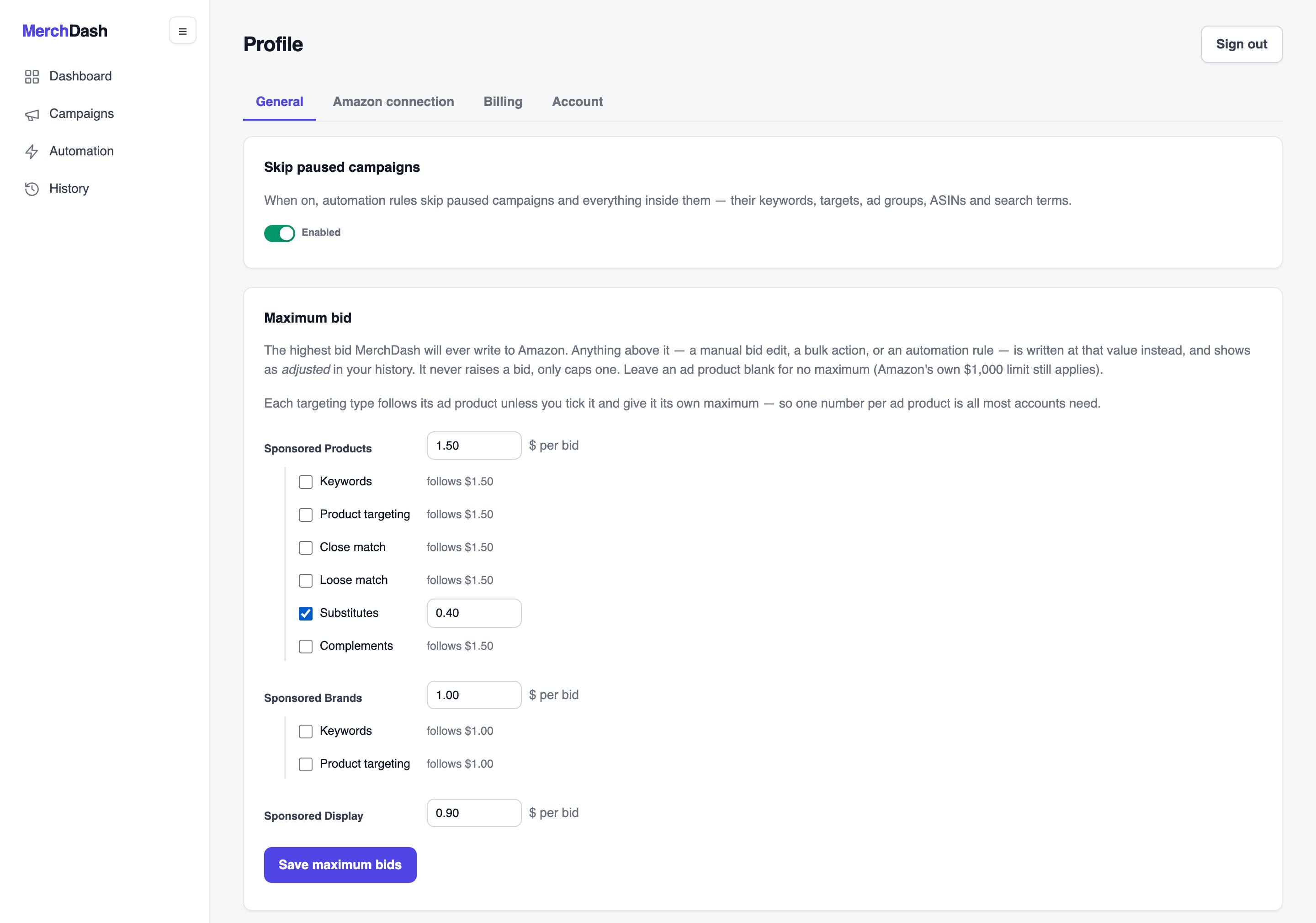 The Maximum bid card in Profile → General: a ceiling per ad product with its targeting types nested underneath.