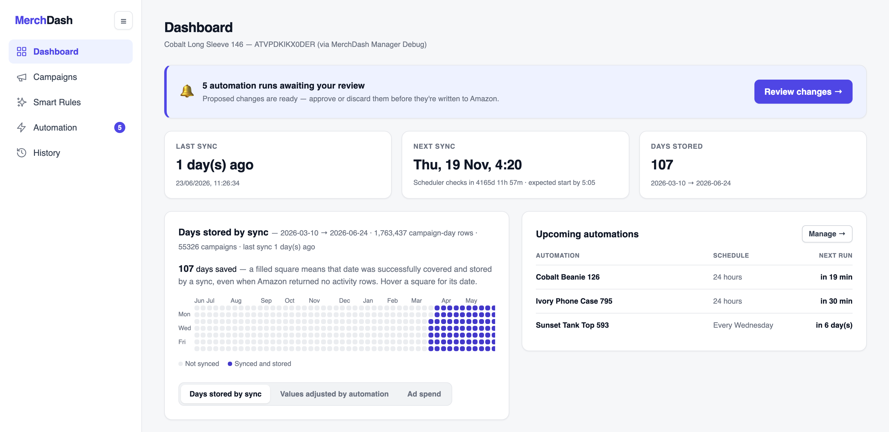 MerchDash dashboard showing last/next sync, days stored, an automation review banner, the sync calendar heat grid, and a list of upcoming automations.