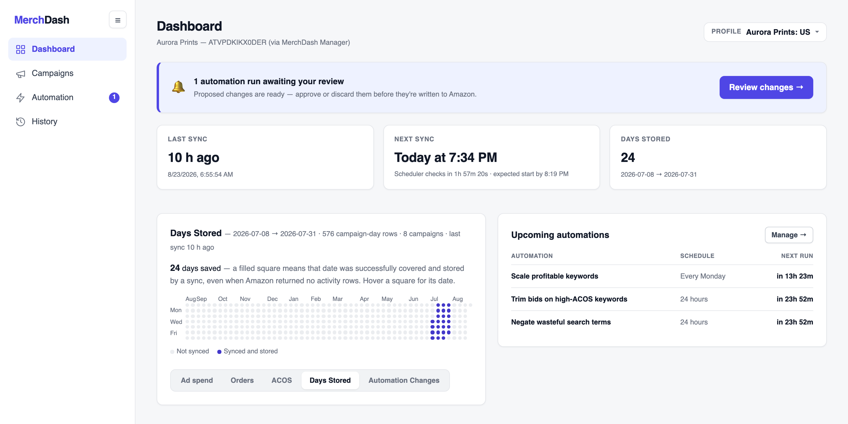 MerchDash dashboard showing last/next sync, days stored, an automation review banner, the sync calendar heat grid, and a list of upcoming automations.